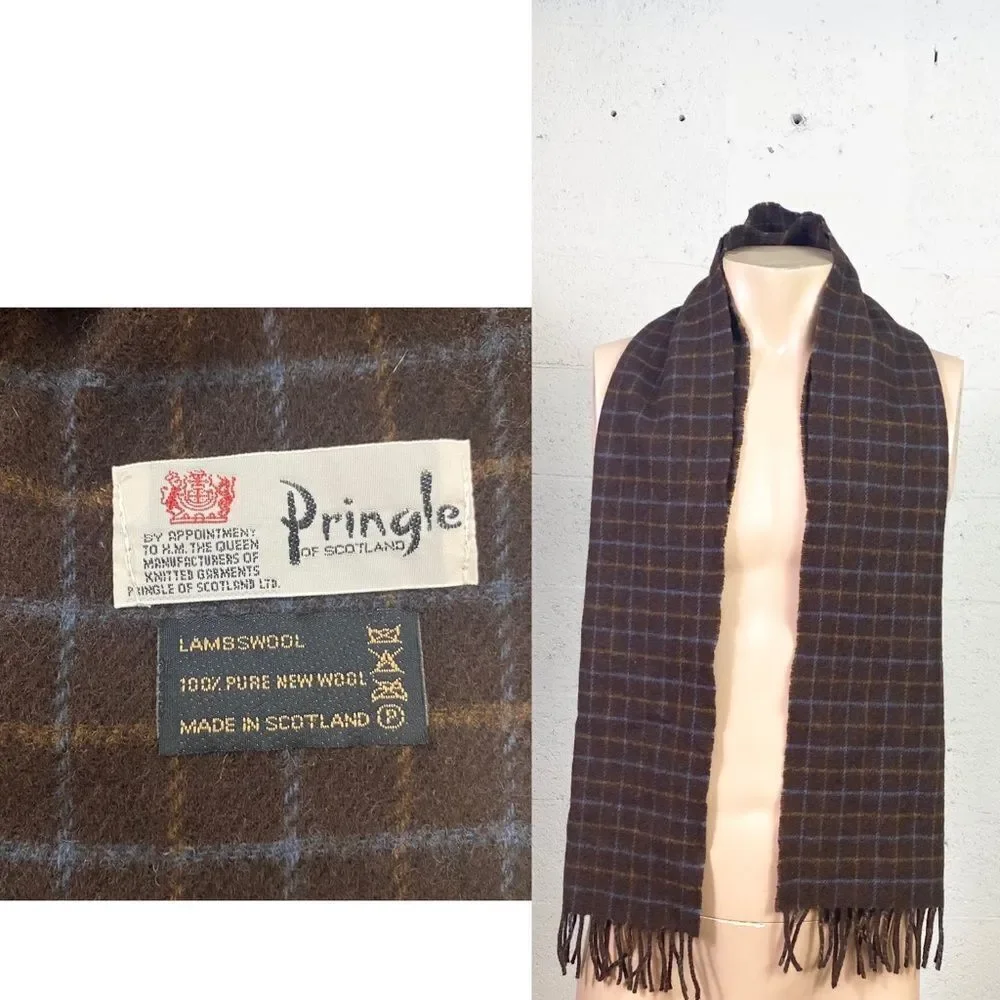 Pringle Of Scotland vintage 100% pure new lamb wool brown plaid scarf muffler